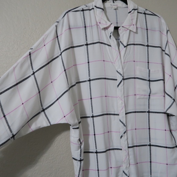 Vince Camuto White Grid Plaid Long Sleeve‎ Top Button Down Career Flowy - Picture 5 of 13